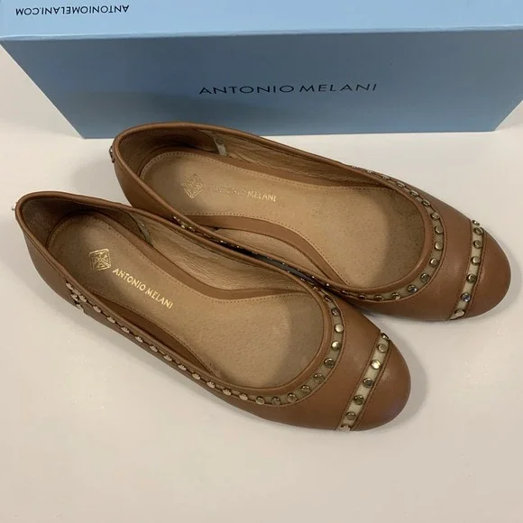 Ballet Flats "Lannce" Antonio Melani Women's 7.5M Brown Gold Studs Y2K - Picture 2 of 5